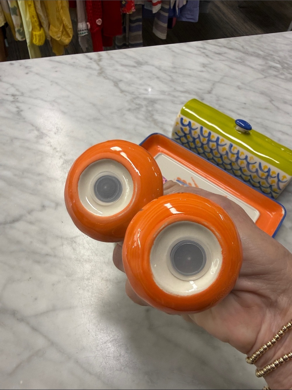 Anthropologie Tortua Colorful Salt & Pepper Shakers and Lidded Butter Dish - Picture 3 of 5